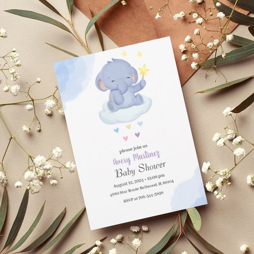 Blue Balloon Cute Elephant Baby Shower Invitation