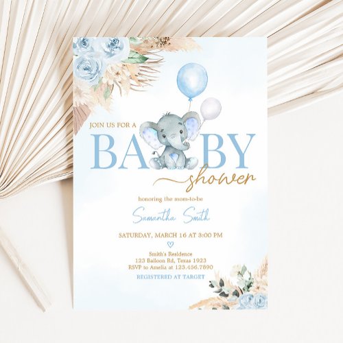 Blue Balloon Elephant Baby Shower  Invitation