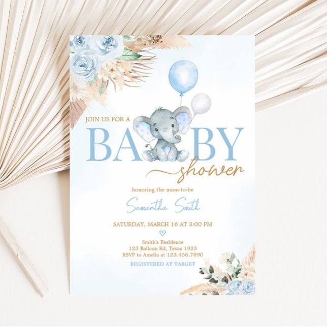 Blue Balloon Elephant Baby Shower  Invitation (Blue Floral Pampas Grass Elephant Baby Shower Invitation)