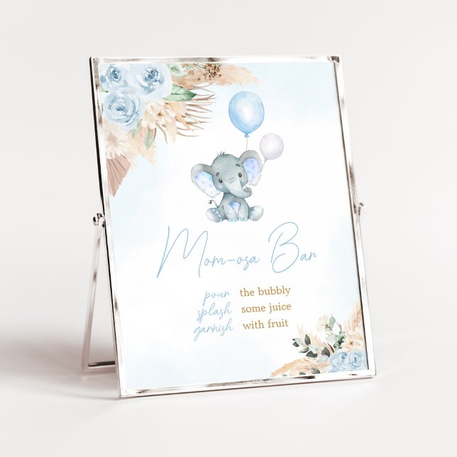 Blue Balloon Elephant Baby Shower Mom Osa Bar Poster (Blue Floral Pampas Grass Elephant Baby Shower Mom Osa Bar Sign)