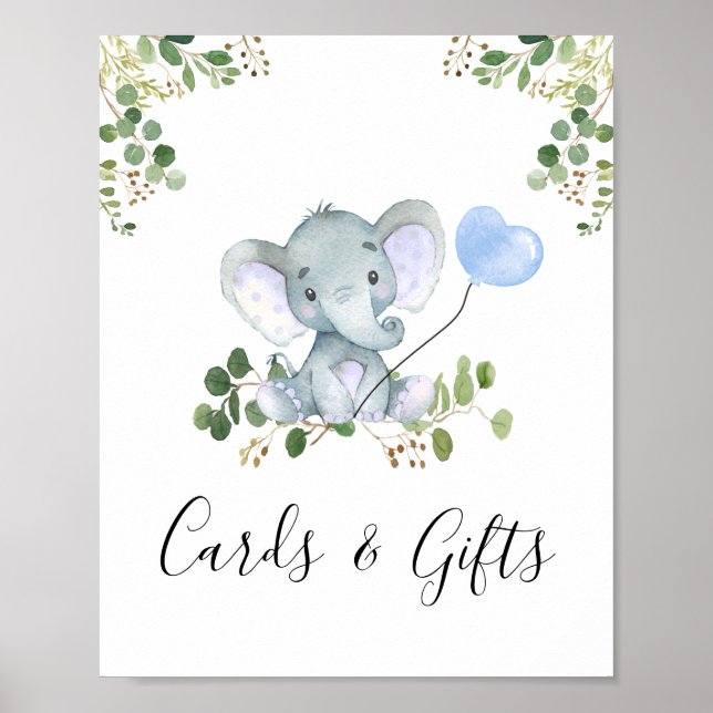 Blue Balloon Elephant Baby Shower Party Sign (Front)