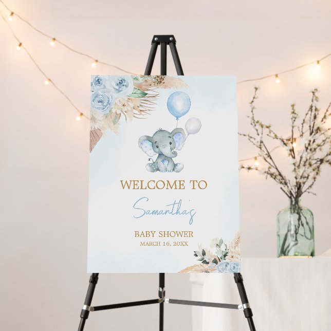 Blue Balloon Elephant Baby Shower Welcome Sign (In Situ (Stand))