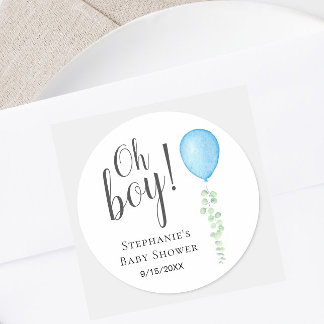 Blue Balloon Eucalyptus Baby Shower  Classic Round Sticker (Creator Uploaded)
