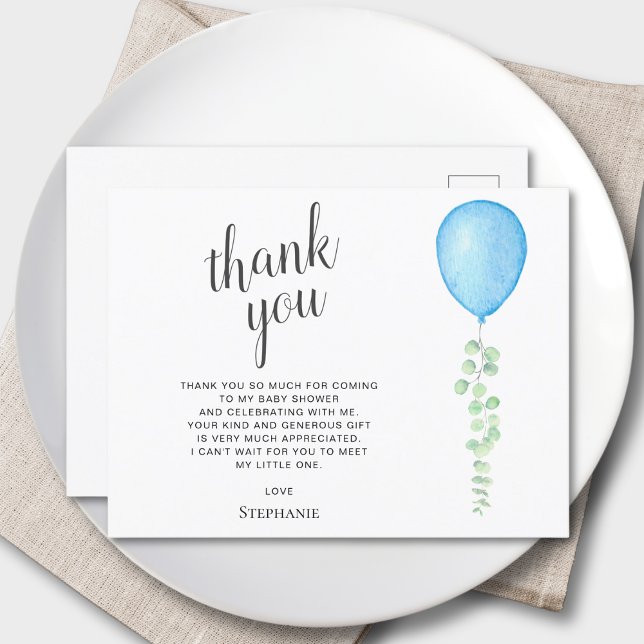 Blue Balloon Eucalyptus  Baby Shower Thank You Postcard (Creator Uploaded)