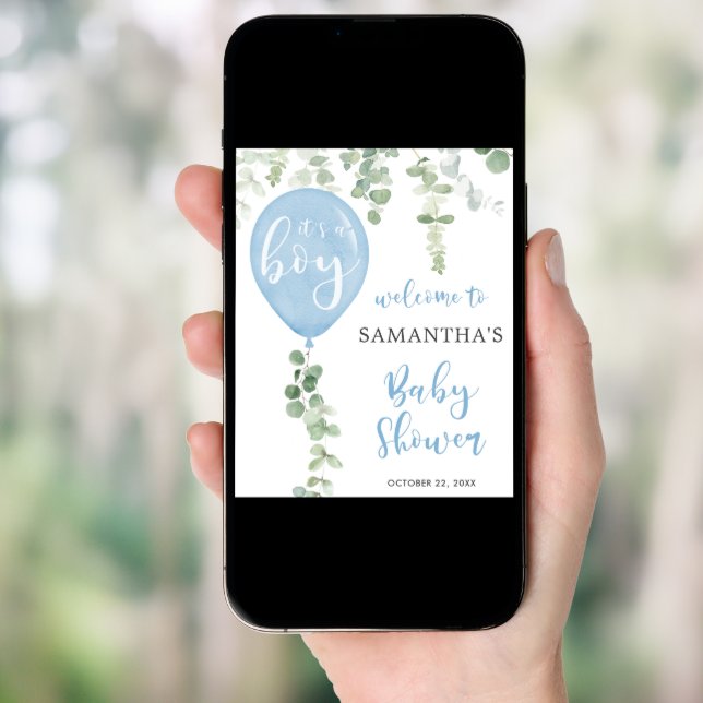 Blue balloon eucalyptus baby shower welcome sign (Front Digital)