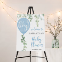 Blue balloon eucalyptus baby shower welcome sign