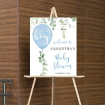 Blue balloon eucalyptus baby shower welcome sign