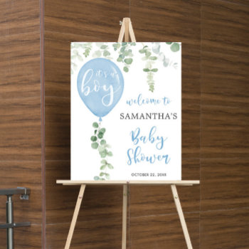 Blue Balloon Eucalyptus Baby Shower Welcome Sign by StyleswithCharm at Zazzle