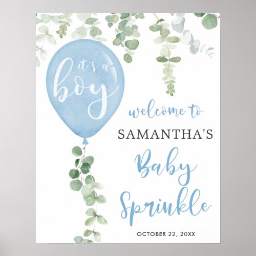 Blue balloon eucalyptus baby sprinkle welcome sign