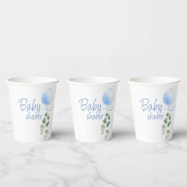 Blue Balloon Eucalyptus Boy Baby Shower  Paper Cups (Multi)