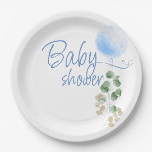 Blue Balloon Eucalyptus Boy Baby Shower  Paper Plates
