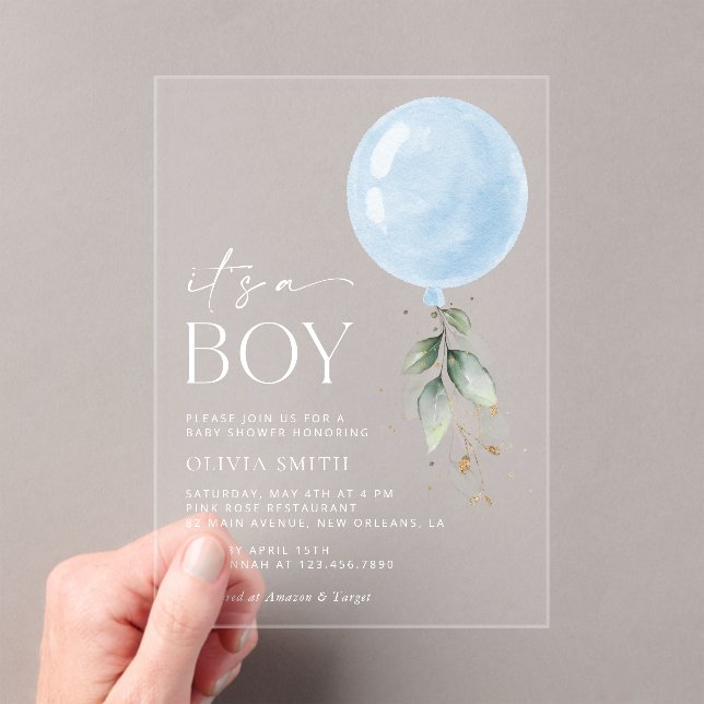 Blue Balloon, Eucalyptus, Greenery, Baby Shower Acrylic Invitations (Insitu (Handheld))