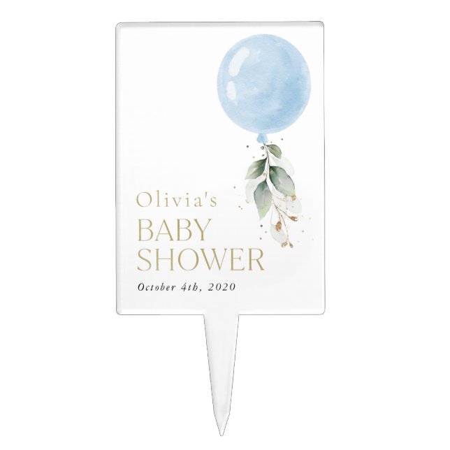 Blue Balloon, Eucalyptus, Greenery, Baby Shower Cake Topper (Front)