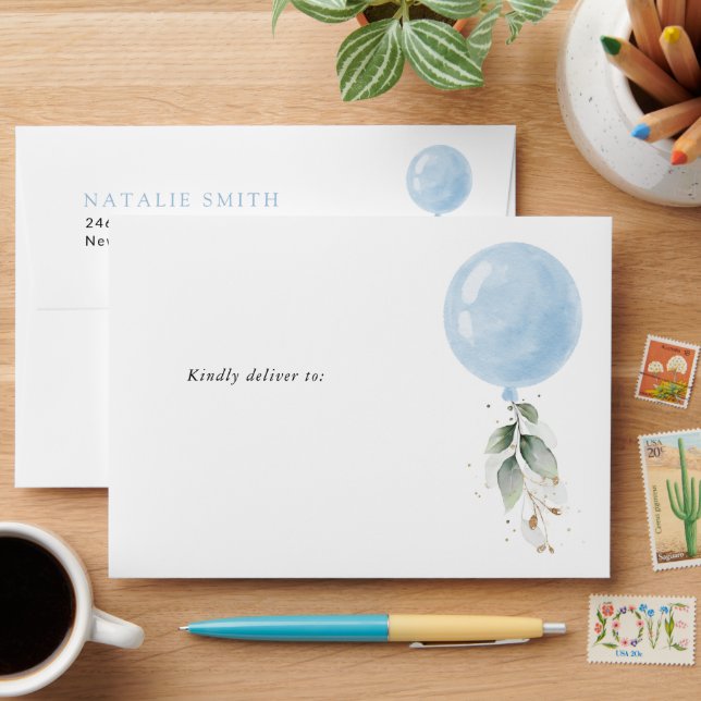 Blue Balloon, Eucalyptus, Greenery, Baby Shower Envelope (Desk)