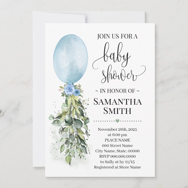 Blue Balloon Eucalyptus greenery baby shower Invitation (Front)