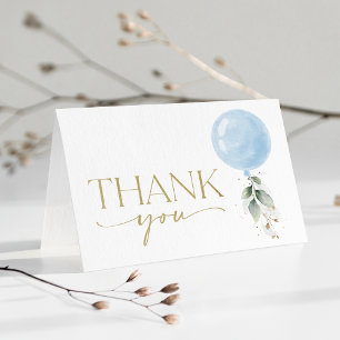 Blue Balloon, Eucalyptus, Greenery, Baby Shower Letterpress Thank You Card