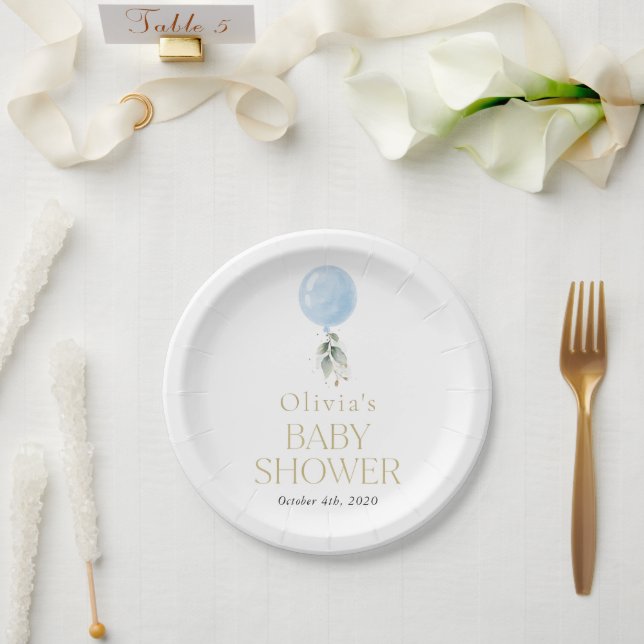 Blue Balloon, Eucalyptus, Greenery, Baby Shower Paper Plates (Wedding)