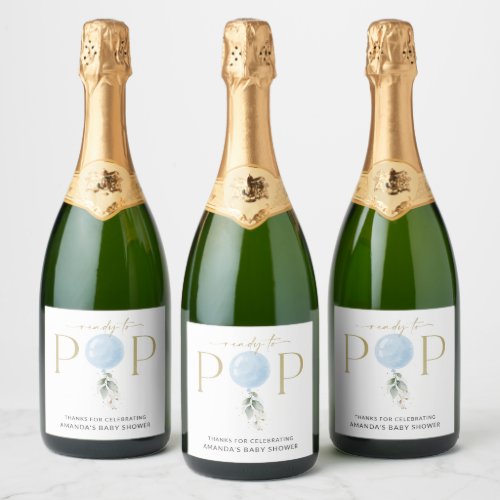 Blue Balloon Eucalyptus Greenery Baby Shower Sparkling Wine Label