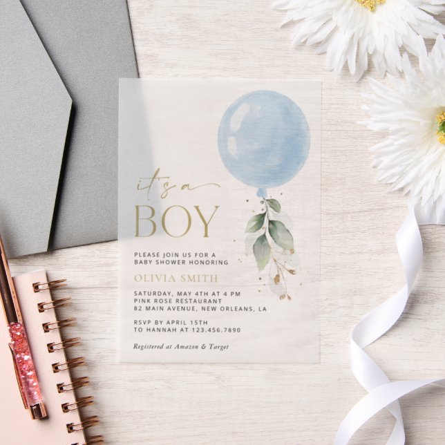 Blue Balloon, Eucalyptus, Greenery, Baby Shower Vellum Invitations (Wedding)