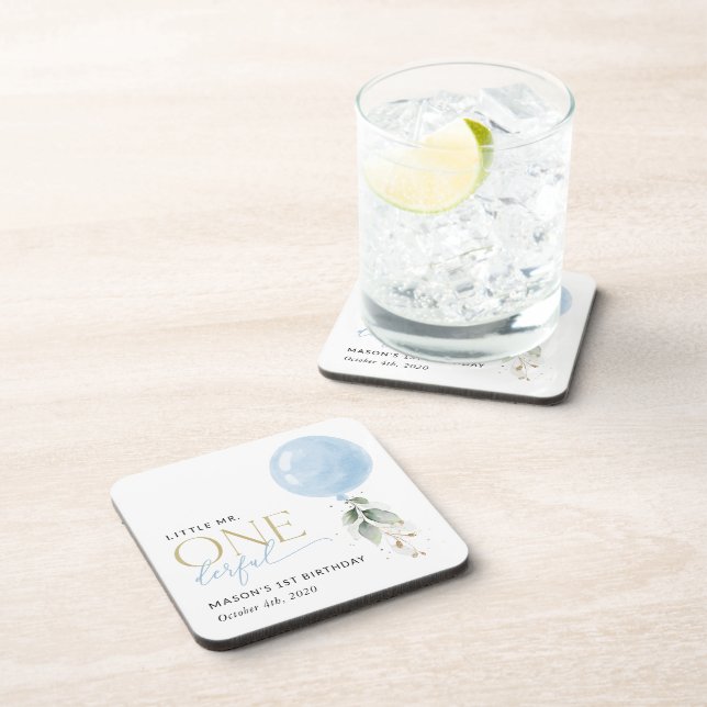 Blue Balloon, Eucalyptus, Greenery, First Birthday Beverage Coaster (Right Side)