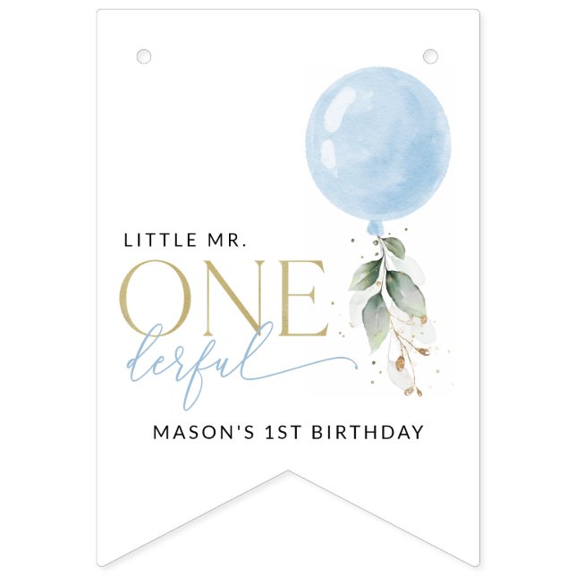 Blue Balloon, Eucalyptus, Greenery, First Birthday Bunting Flags (First Flag)