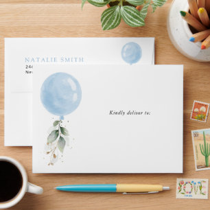 Blue Balloon, Eucalyptus, Greenery, First Birthday Envelope