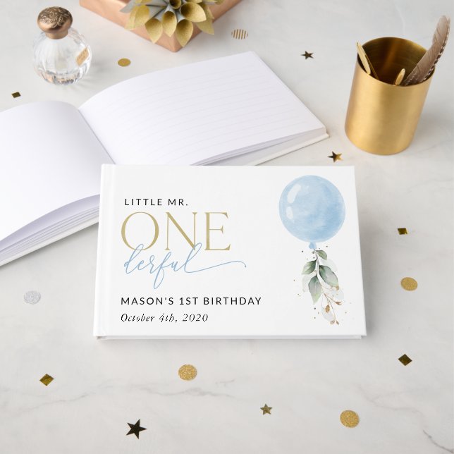 Blue Balloon, Eucalyptus, Greenery, First Birthday Guest Book (Front Open)