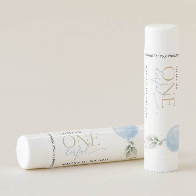 Blue Balloon, Eucalyptus, Greenery, First Birthday Lip Balm (Front)