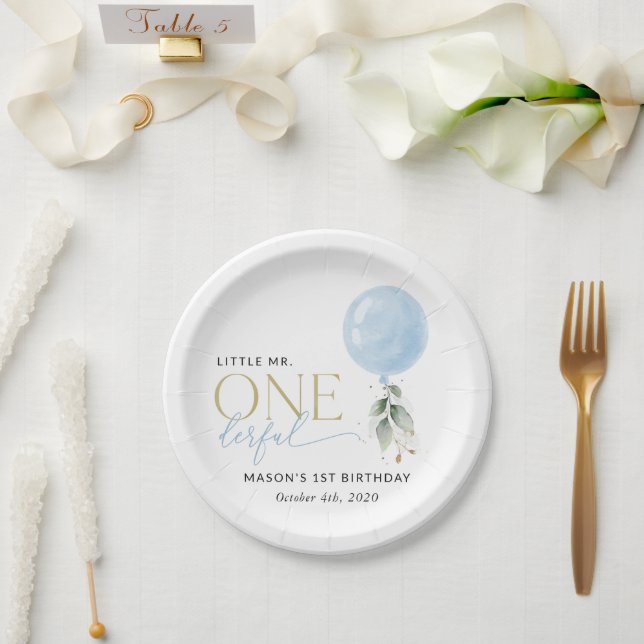Blue Balloon, Eucalyptus, Greenery, First Birthday Paper Plates (Wedding)