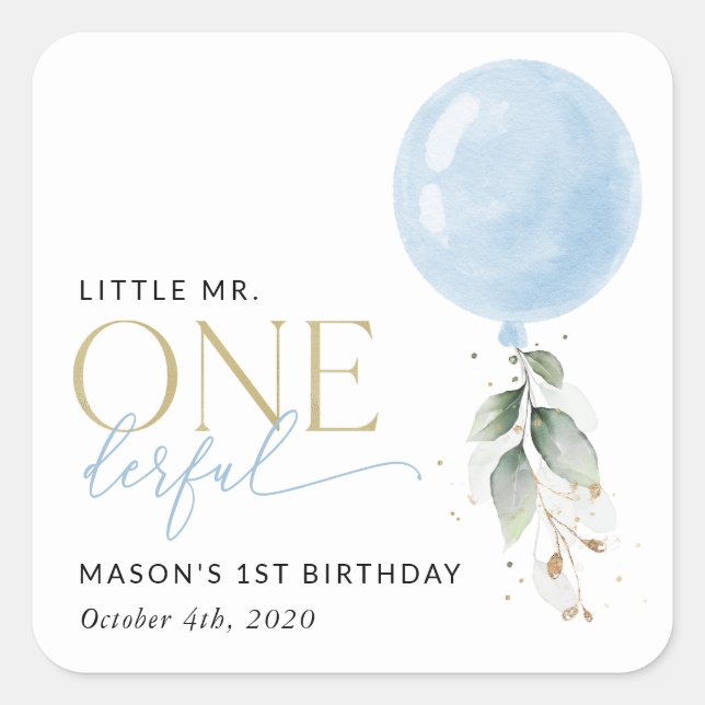 Blue Balloon, Eucalyptus, Greenery, First Birthday Square Sticker (Front)