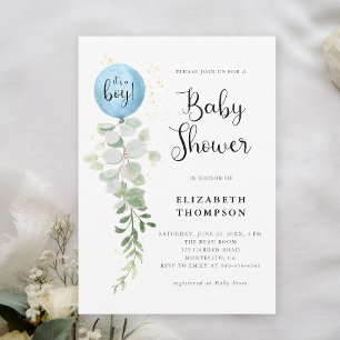 Blue Balloon Eucalyptus It's a Boy Baby Shower Invitation