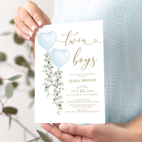 Blue Balloon Eucalyptus Sweetheart Twin Boys Invitation