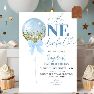 Blue Balloon First Birthday Invitation