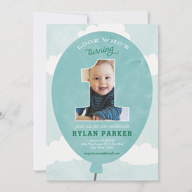 Blue Balloon First Birthday Photo Invitation (Front)