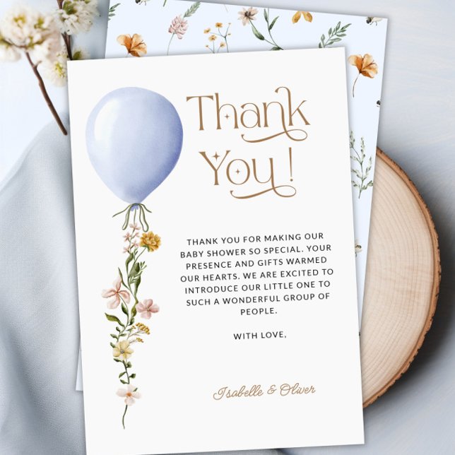 Blue Balloon Floral Baby Shower Thank You Card (Blue Balloon Floral Baby Shower Thank You Card)