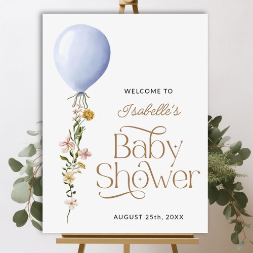 Blue Balloon Floral Baby Shower Welcome Sign