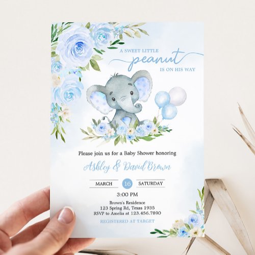 Blue Balloon Floral Elephant Baby Shower Invitation