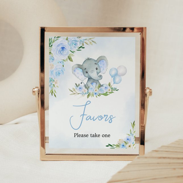 Blue Balloon Floral Elephant Favors Poster (Boy Elephant Balloon Baby Shower Favors Sign)