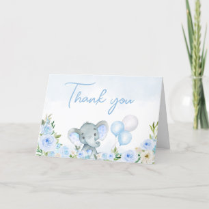 Blue Balloon Floral Elephant  Letterpress Thank You Card
