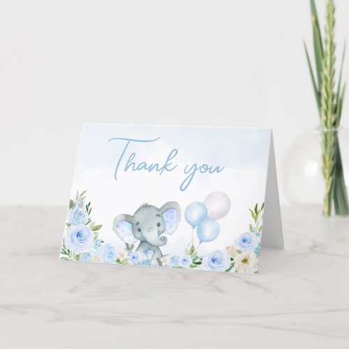 Blue Balloon Floral Elephant  Thank You Card