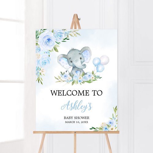 Blue Balloon Floral Elephant Welcome Poster