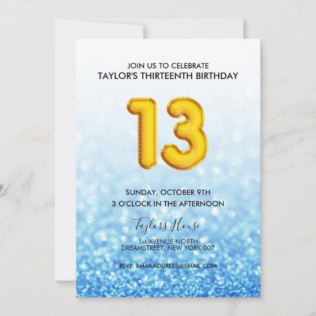 Blue Balloon Glitter 13th Birthday Party Invitation (Front)