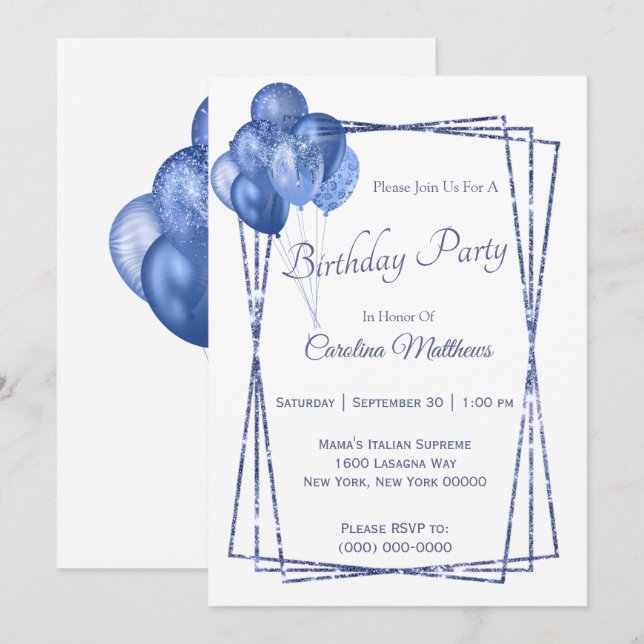 Blue Balloon Glitter Birthday Invitation (Front/Back)
