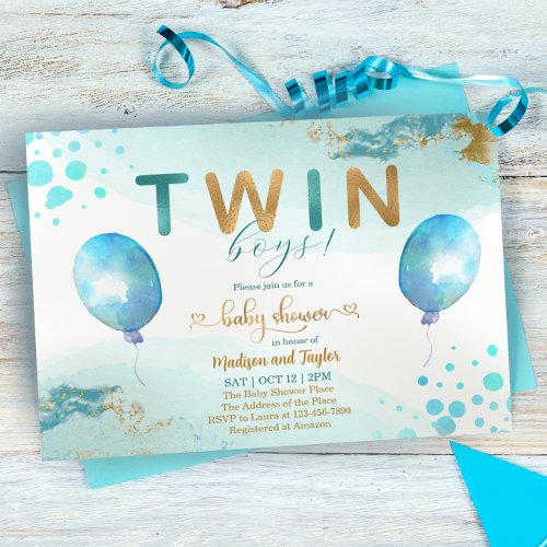 Blue Balloon Gold Twin Boy Baby Shower Invitation
