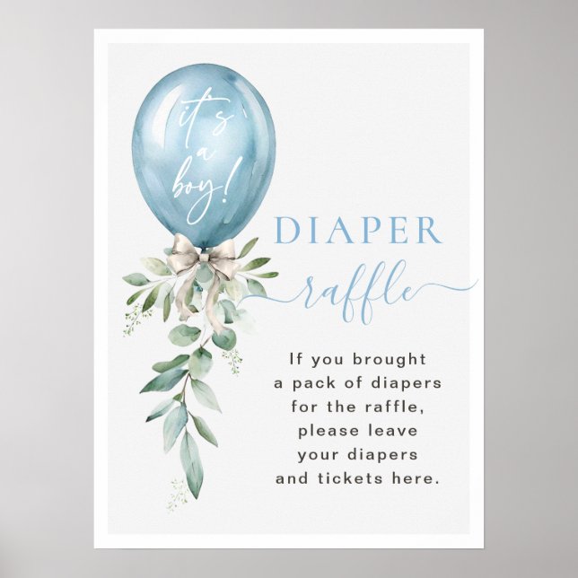 Blue Balloon Greenery Baby Shower Diaper Raffle Poster (Front)