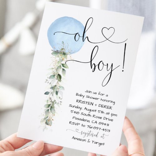 Blue Balloon Greenery Baby Shower Invitation