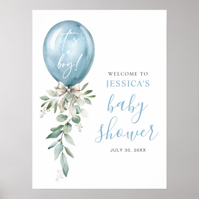 Blue Balloon Greenery Baby Shower Welcome Poster (Front)