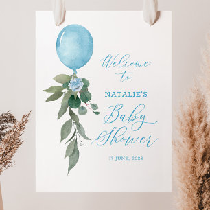 Blue Balloon Greenery Baby Shower Welcome Sign