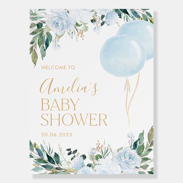 Blue Balloon Greenery Boy Baby Shower Welcome Sign (Front)