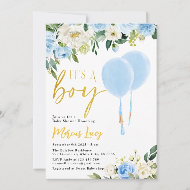 Blue Balloon Greenery "It's A Boy" Baby Shower Invitation (Front)
